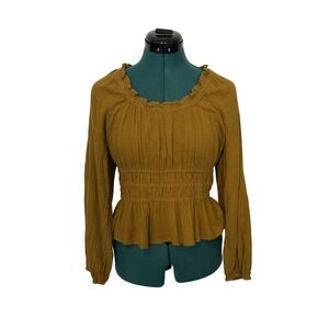 Madewell Blouse Womens Small Mustard‎ Yellow Smocked Peplum Ruffle Long Sleeve